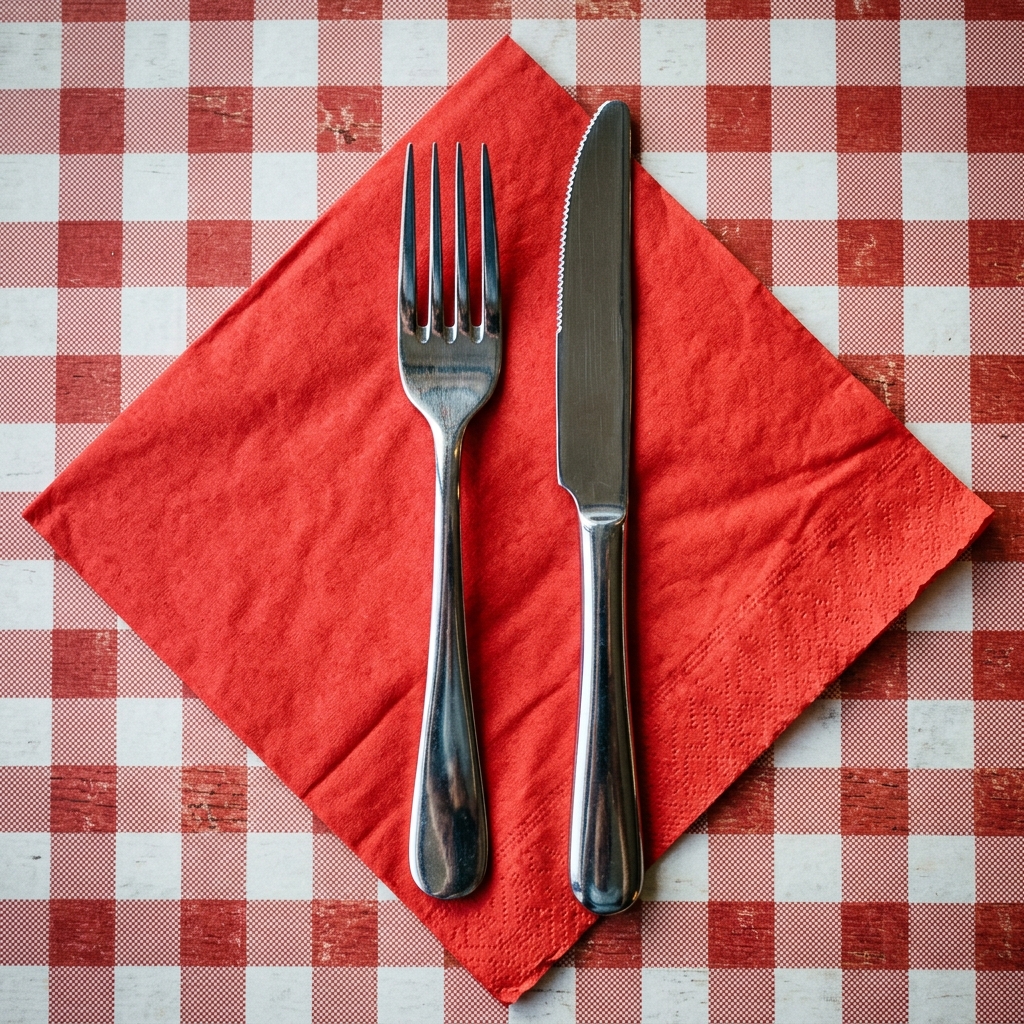 Polished Diner Silverware on Red Napkin